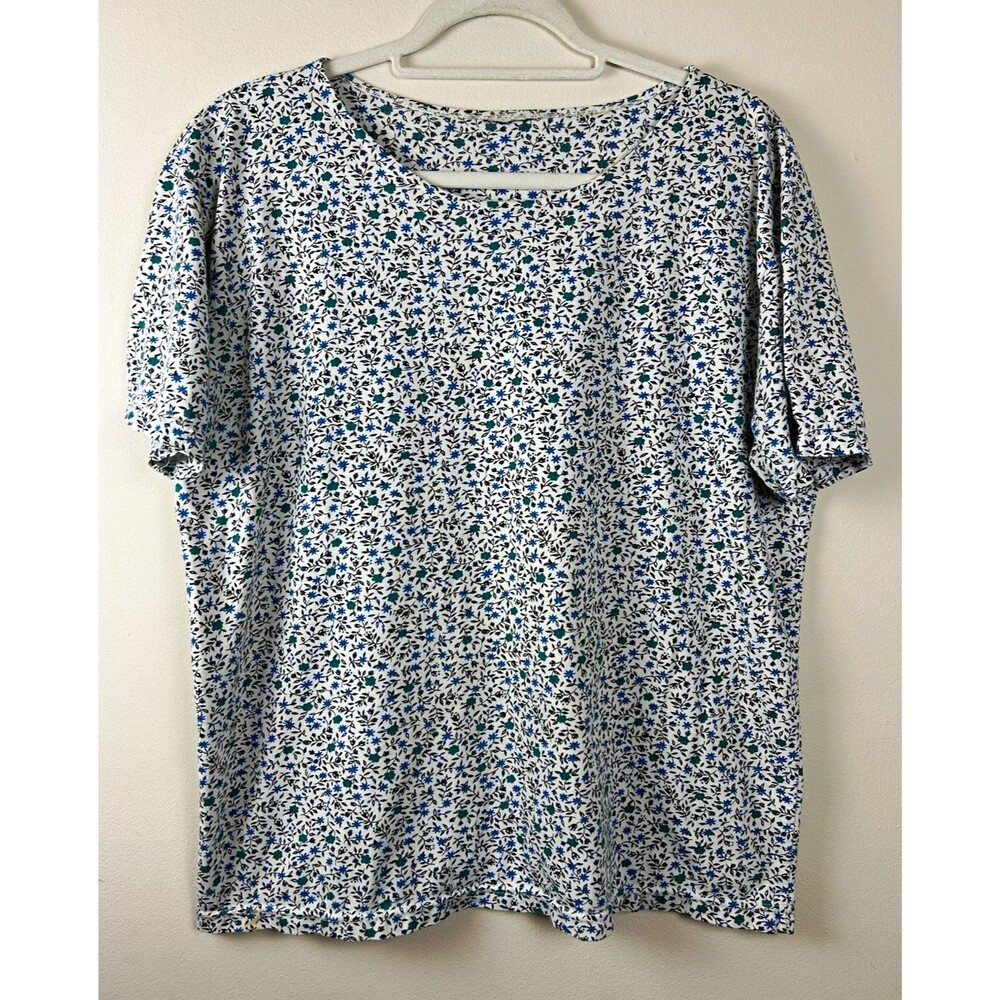 VTG 90 Ditsy Floral L Knit Round Neck Tee Shabby Chic Prairie Cottagecore Granny